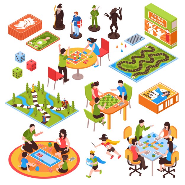 Juego isométrico de personas de juegos de mesa