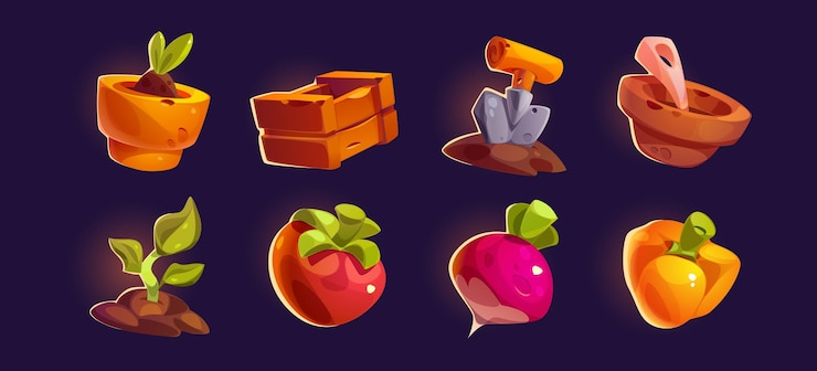Vector gratuito juego de jardinería agrícola ui icono de herramientas y vegetales dibujos animados vectoriales conjunto elemento de interfaz de equipo de alimentos y agricultores aislados para aplicación móvil kit de pimienta y girasol brillante de caja de madera