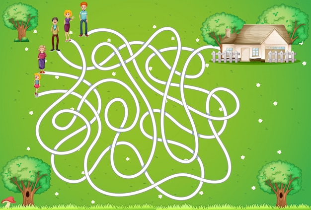 Juego de laberinto con familia y casa.