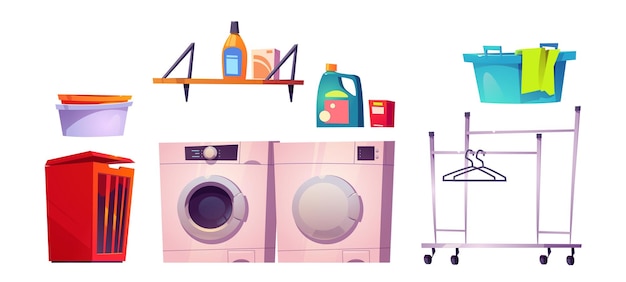 Vector gratuito juego de lavadero con cesto de ropa para lavadora