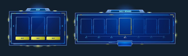 Vector gratuito juego de marcos de hud en estilo de ciencia ficción para comprar y recompensa diaria. diseño futurista vectorial de elementos de la interfaz gráfica de usuario del juego con botones y borde azul aislado sobre fondo negro