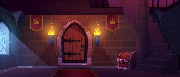 Juego medieval puerta del castillo de madera a la prisión fondo de dibujos animados Fuego con antorcha en la pared cofre del tesoro y puerta con mampostería de ladrillo de piedra interior antiguo Fortaleza vintage con escaleras y columna