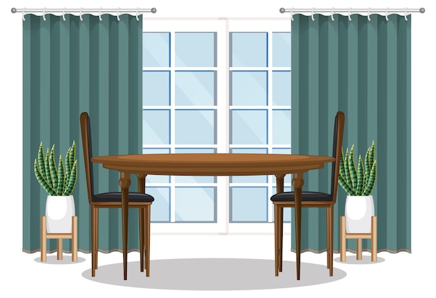 Juego de mesa de comedor con ventana y cortina verde