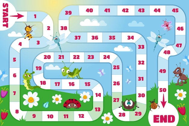 Juego de mesa familiar plano para niños con bichos e insectos.