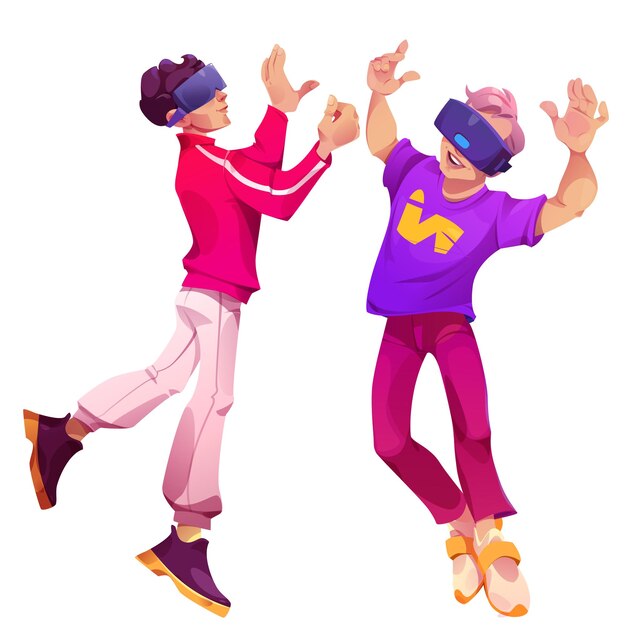 Juego de metaverso p2e vr concepto con personaje humano aislado en el fondo Caricatura de realidad virtual concepto de clip futurista para videojuego Persona adolescente bailando y jugando en dispositivo de gafas en línea