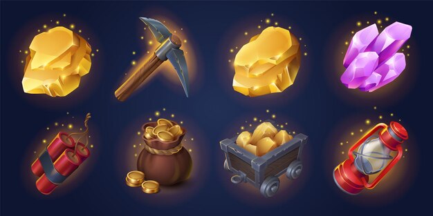 Juego minería accesorios iconos activos mina elementos conjunto