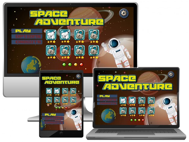 Juego de misión de aventura espacial en diferentes pantallas electrónicas.
