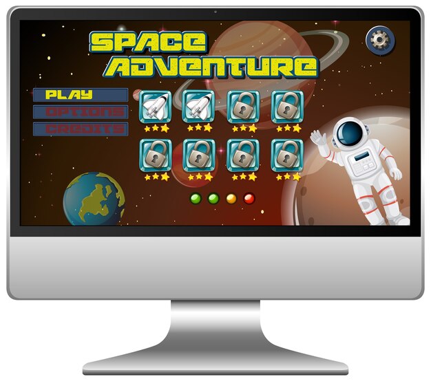 Juego de misión de aventura espacial en la pantalla de la computadora