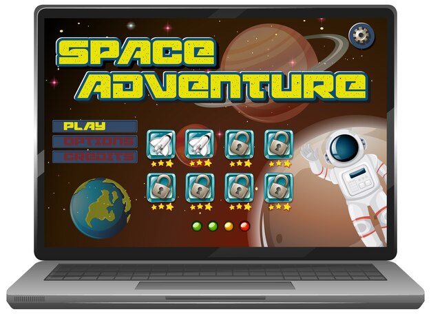 Juego de misión de aventura espacial en la pantalla del portátil