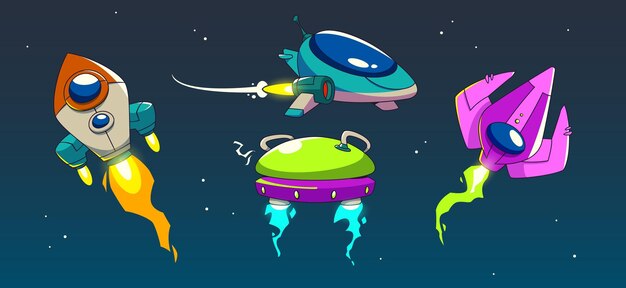 Juego nave espacial de cohetes con rastro de fuego dibujos animados nave reactiva alienígena en el espacio ilustración de diseño infantil lanzamiento de nave espacial cósmica con cola de llama de despegue verde Aventura galáctica de velocidad en el cielo estrellado