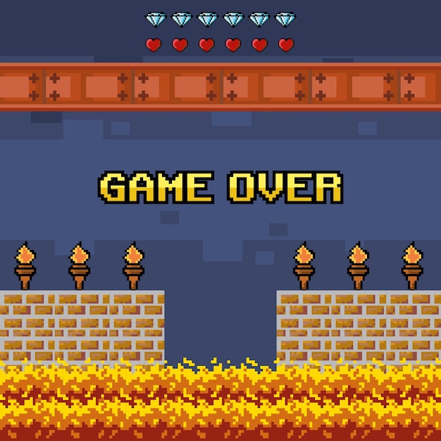 Juego de nivel pixelado con fuego.