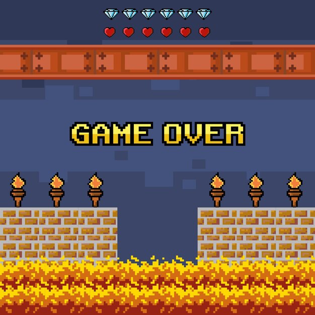 Juego de niveles pixelados con fuego