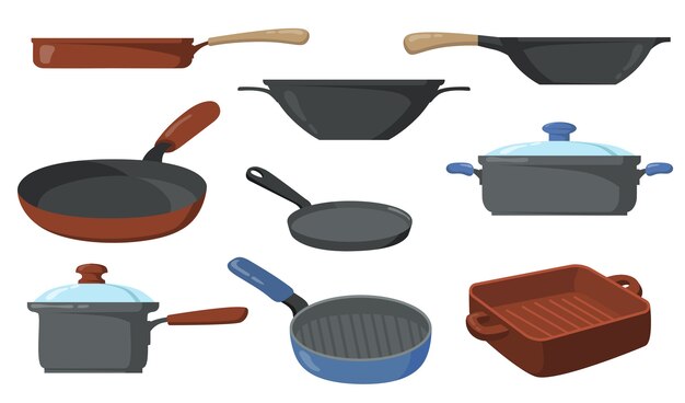 Juego de ollas de cocina. Sartenes y cacerolas, sartén con asa y wok.