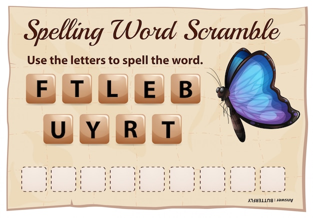 Juego de ortografía word scramble con word butterfly