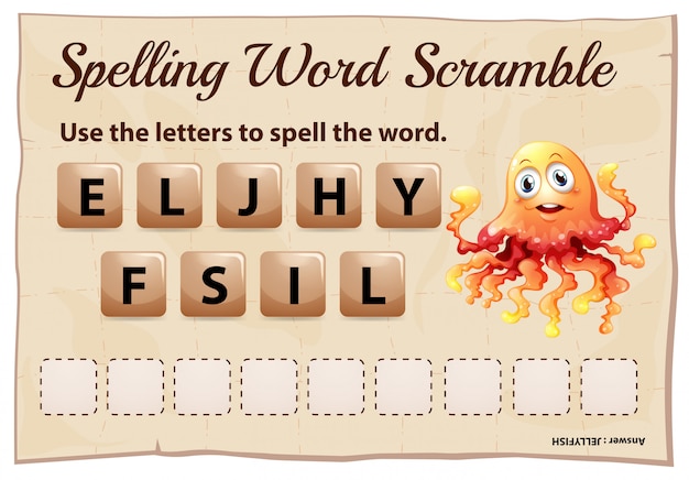 Vector gratuito juego de ortografía word scramble con word jellyfish