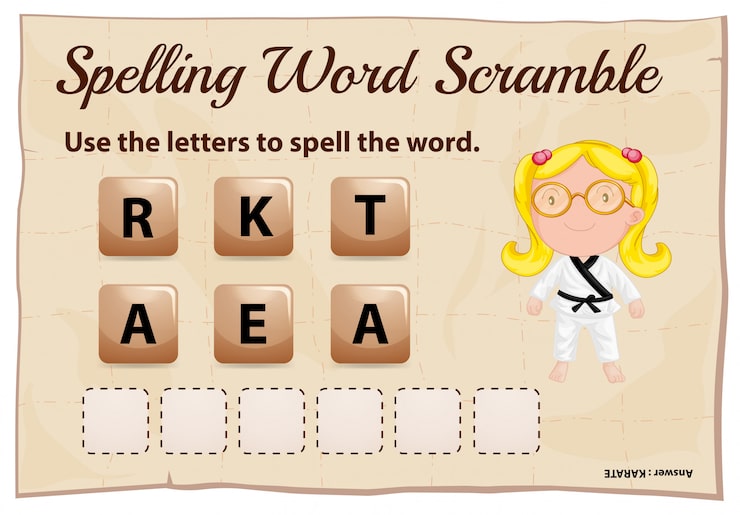 Vector gratuito juego de ortografía word scramble con word karate
