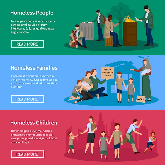 Juego de pancartas para personas sin hogar con personas que viven en la calle sin comida ni dinero.