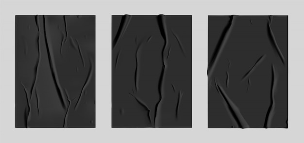 Juego de papel negro encolado con efecto arrugado húmedo. plantilla de cartel de papel mojado negro con textura arrugada. maqueta de carteles vectoriales realistas