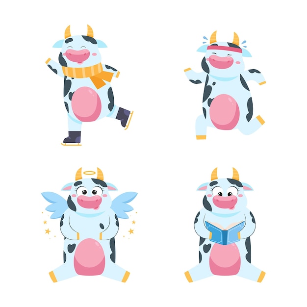 Juego de patinaje sobre hielo de personaje de vaca de dibujos animados, trotar, leer libros, volar en alas de ángel