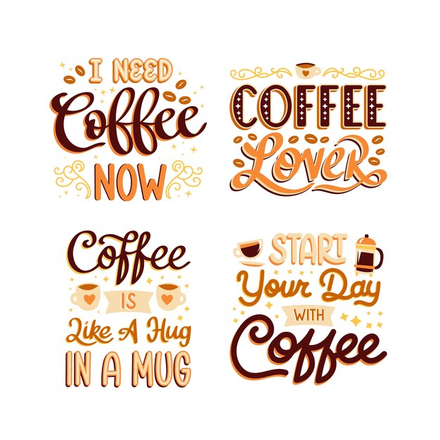 Juego de pegatinas de café con letras coloridas