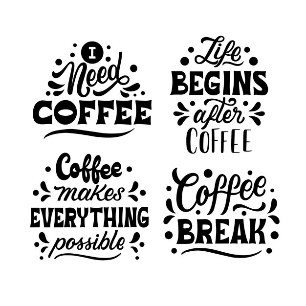 Juego de pegatinas de café con letras negras