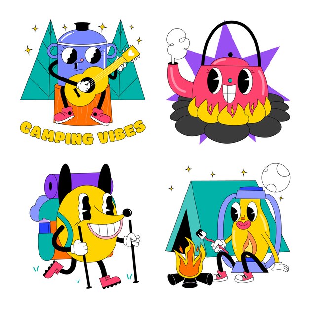 Juego de pegatinas de camping deslumbrantes dibujadas a mano