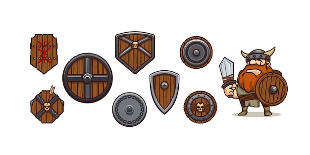 Vector gratuito juego personaje vikingo y diferentes escudos.