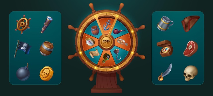 Vector gratuito juego de piratas girar la rueda con la ranura ui juego de fortuna