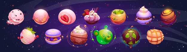 Juego de planeta espacial de caramelos mundo de juegos de dibujos animados vectoriales