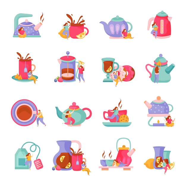 Juego plano de la hora del té de iconos aislados con tazas de teteras y platos con personajes humanos de garabatos ilustración vectorial