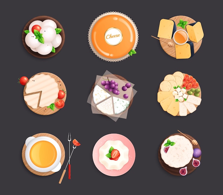 Vector gratuito juego plano de queso gourmet