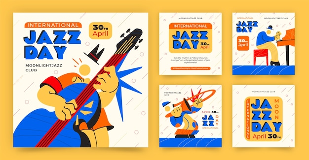 Vector gratuito el juego de plantillas de publicaciones de instagram del día del jazz del mundo plano dibujado a mano