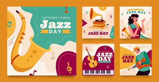 Vector gratuito el juego de plantillas de publicaciones de instagram del día del jazz del mundo plano dibujado a mano