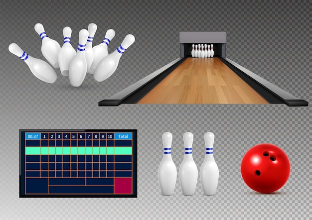 Juego realista de bolos de iconos aislados sobre fondo transparente con pines de tabla de calificación e ilustración de vector de bola rodante