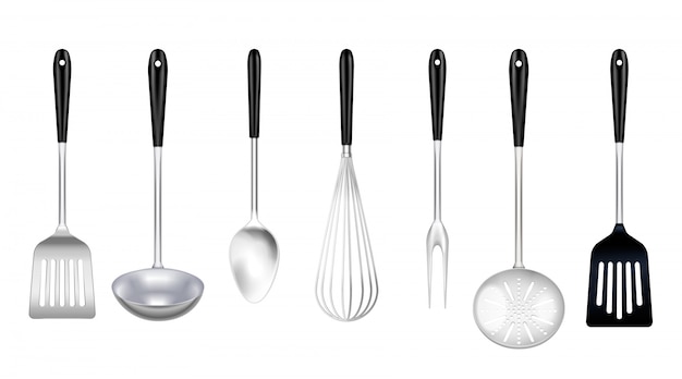 Vector gratuito juego realista de herramientas de acero inoxidable de cocina con tenedor de cocina, ranurador, volteador, cucharón, cucharón