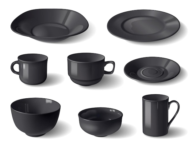 Vector gratuito juego realista de vajilla de porcelana moderna con elegantes tazas negras, platos, tazones, ilustración vectorial aislada