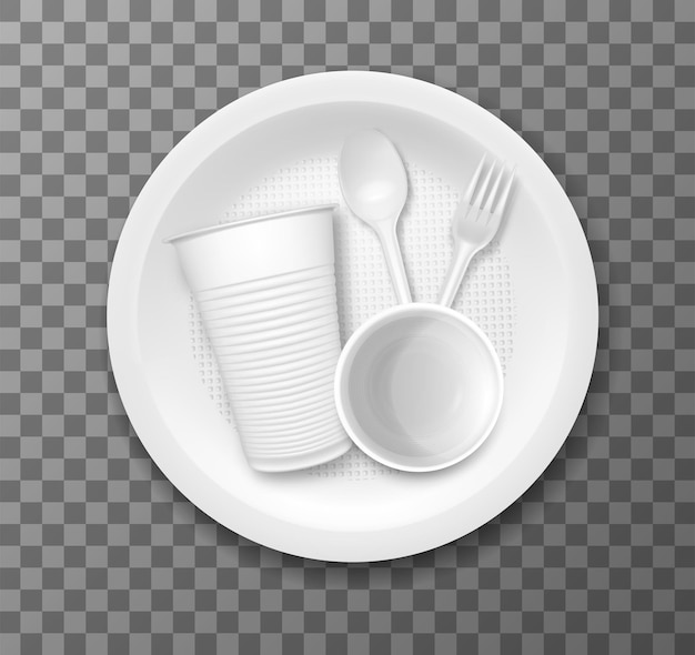 Juego realista de vajilla turística desechable con tenedor de vaso de plástico y cuchara en plato en ilustración vectorial aislada de fondo transparente