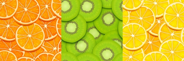 Vector gratuito juego de rebanadas de frutas texturas sin costuras para el juego piezas cortadas de kiwi naranja y limón patrones repetidos fondos 3d con jugosas frutas saludables gráfico ui o capas gui vista de primer plano ilustración vectorial