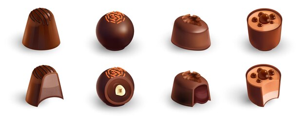 Juego de relleno de chocolate realista con íconos aislados de dulces de choco adornados con sombras en la ilustración de vector de fondo en blanco