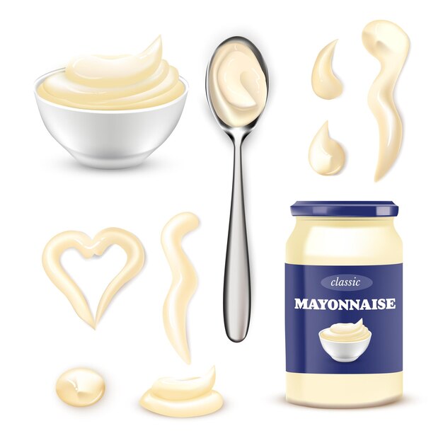 Juego de salsa de mayonesa Cuenco botella cuchara con ilustración de mayonesa Jarra con empaque azul salsas cremosas y gotas de diferentes formas