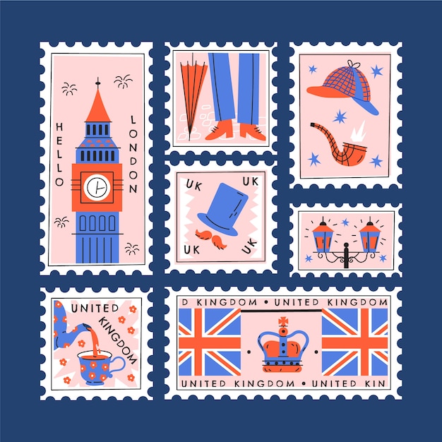 Juego de sellos postales dibujados a mano