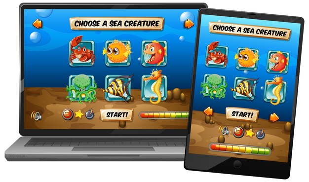Juego submarino con animales marinos en diferentes pantallas de dispositivos electrónicos