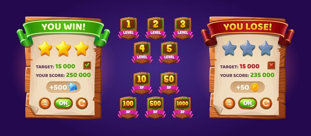 Juego de tableros de madera de ganar o perder insignias de nivel.