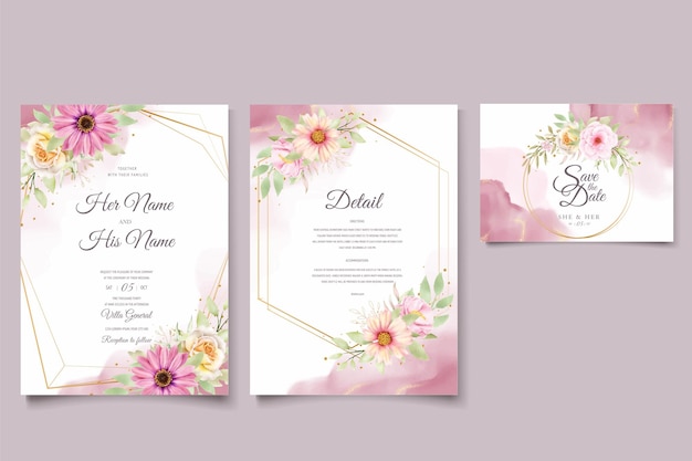 Vector gratuito juego de tarjetas de invitación de boda acuarela crisantemo