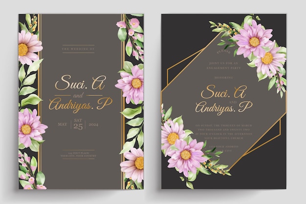 Vector gratuito juego de tarjetas de invitación de boda acuarela crisantemo