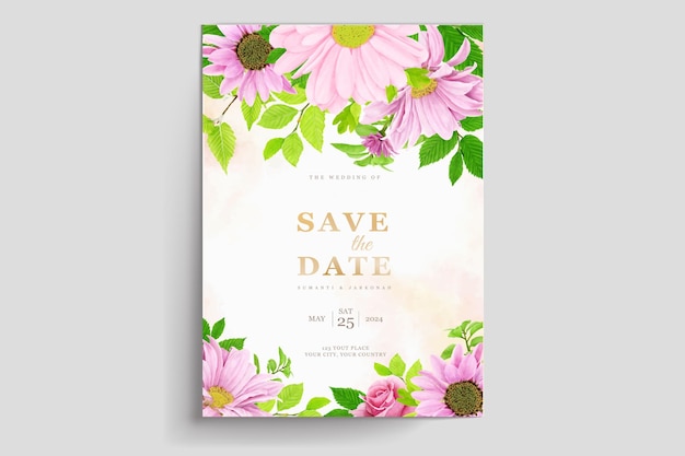 Vector gratuito juego de tarjetas de invitación de fondo de acuarela floral rosa y verde