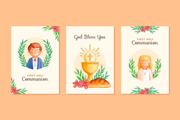 Juego de tarjetas de primera comunión dibujadas a mano