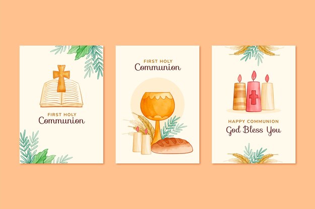 Juego de tarjetas de primera comunión dibujadas a mano