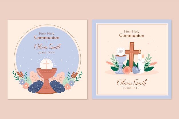 Juego de tarjetas de primera comunión dibujadas a mano
