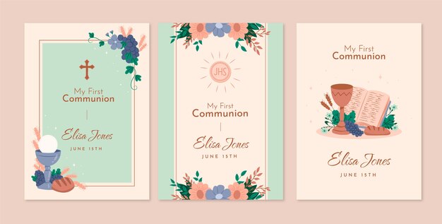 Juego de tarjetas de primera comunión dibujadas a mano
